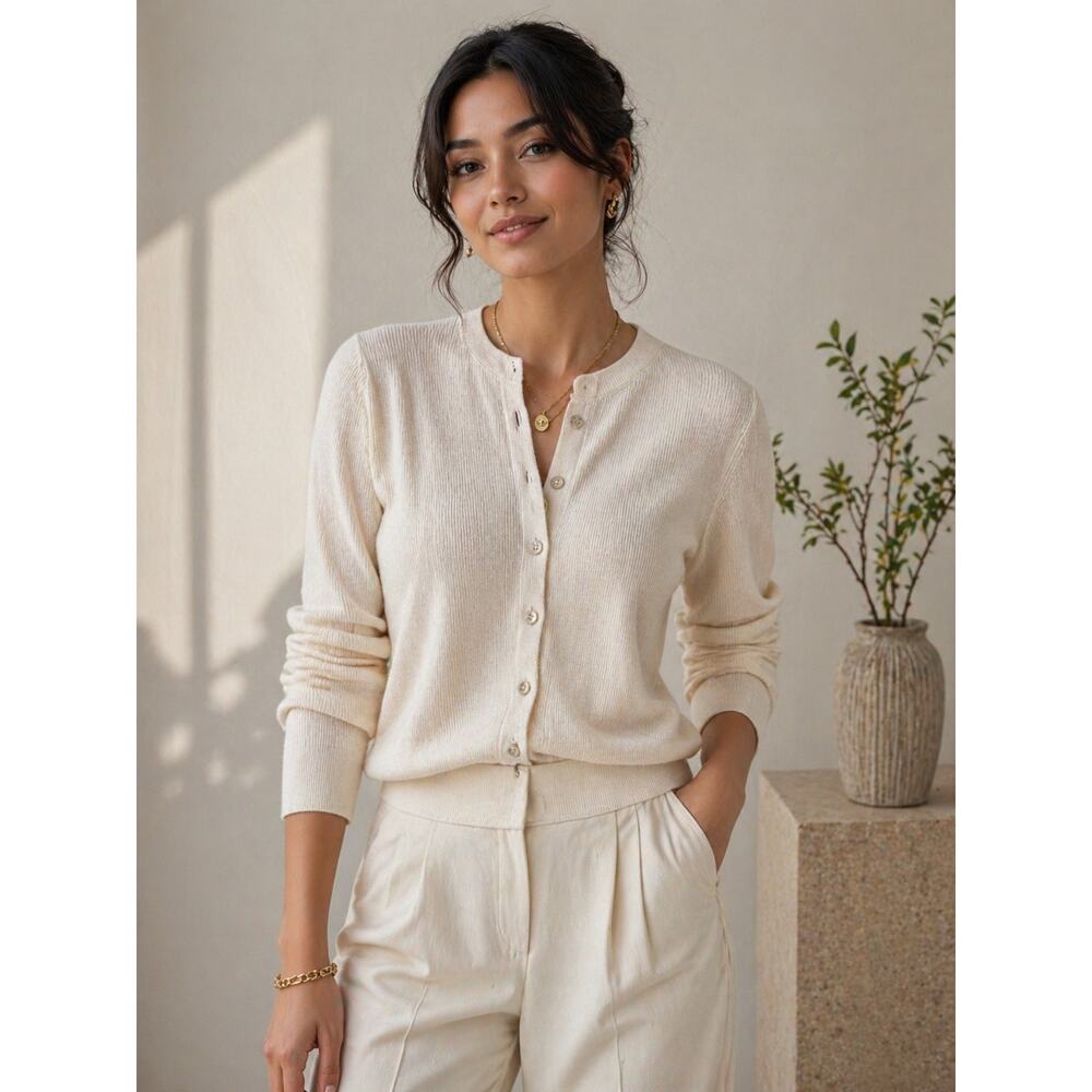 J. Crew Jackie Long Sleeve Button-Front Ribbed Cardigan Sweater Cream Womens M